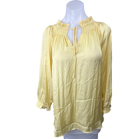Joan Vass Yellow Ruffle Smocked Tie Neck Long Sleeve Pullover Tunic Blouse Top L - Picture 1 of 3